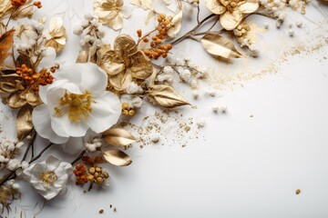 Fototapeta na wymiar Gold-white stunning and subtle abstract background with beautiful flowers and leaves for festive use. Generative AI