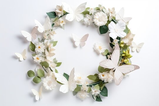 famous flower wreath with white butterflies, digital image generated by AI technology