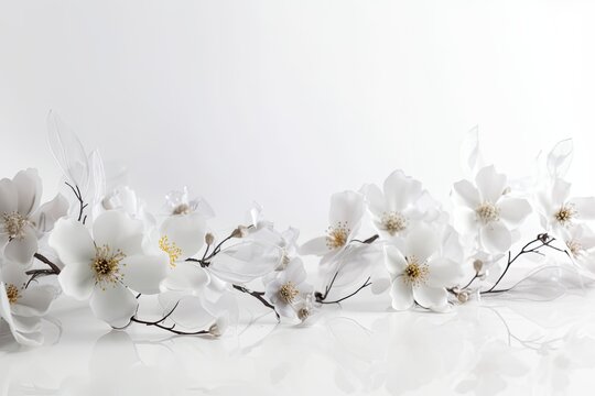 Stunning and subtle abstract background with beautiful white flowers for festive use. Generative AI