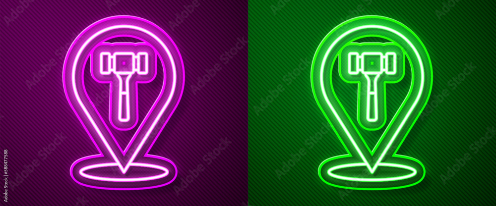 Sticker Glowing neon line Auction hammer icon isolated on purple and green background. Gavel - hammer of judge or auctioneer. Bidding process, deal done. Auction bidding. Vector