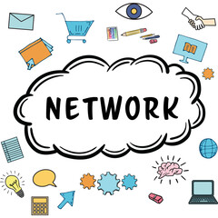 Network text surrounded by various vector icons