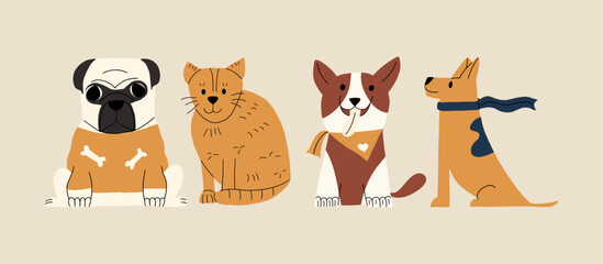 Fototapeta premium Set of different funny animals, cat and dogs. Vector illustration in flat style