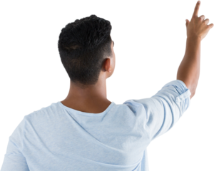 Man pretending to touch an invisible screen against white background
