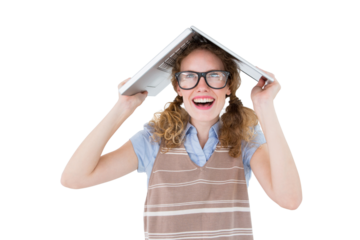Geeky hipster woman covering her head with her laptop