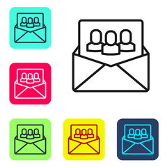 Black line Project team base icon isolated on white background. Business analysis and planning, consulting, team work, project management. Developers. Set icons in color square buttons. Vector