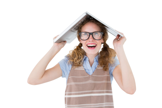 Geeky hipster woman covering her head with her laptop 
