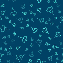 Green line Lamp hanging icon isolated seamless pattern on blue background. Ceiling lamp light bulb. Vector