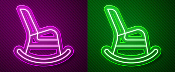 Glowing neon line Rocking chair icon isolated on purple and green background. Vector