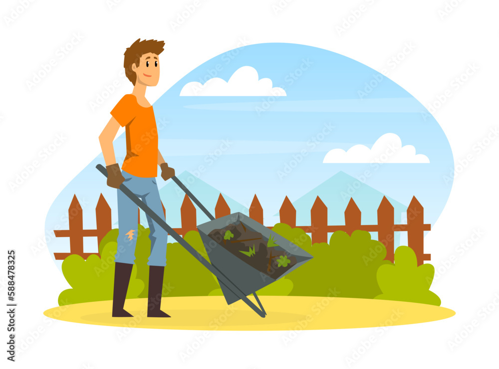 Wall mural Man farmer pushing wheelbarrow with soil cartoon vector