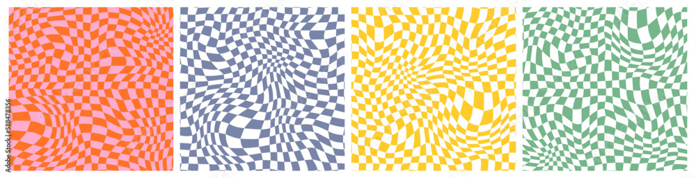 Leinwandbilder abstract groovy checkerboard seamless patterns set. y2k psychedelic texture with waves. distorted ch