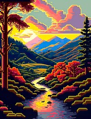 sunset in the mountains - Pixel Art. Created using generative AI.