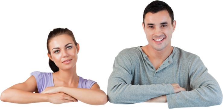 Smiling young couple looking over a wall - Powered by Adobe