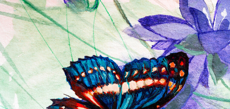 Blue butterfly closeup, watercolor on white background.