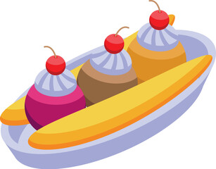 Cherry banana split icon isometric vector. Cream bowl. Food dessert