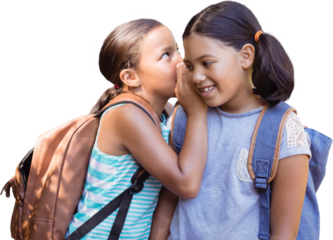 Student with backpack whispering in friend ear
