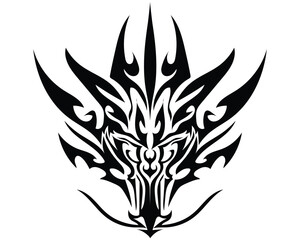vector design of a black and white tattoo or symbol shaped like a dragon's head from the front view with many sharp horns around the dragon's head