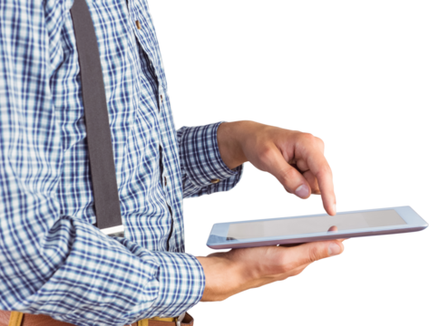 Geeky businessman using his tablet pc