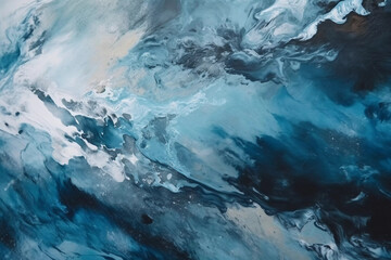 Abstract painting of a sea waves. Acrylic paint texture with long brush strokes. Acrylic paint background. White and blue paint. Close up of a painting. Created using generative AI.