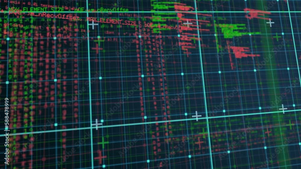 Poster animation of grid patterns over computer language against black background