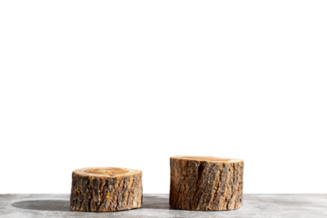 Two wooden round saw cuts  on a transparent background. Natural podiums for advertising cosmetic products and body care. Copy space.