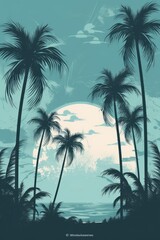 Fototapeta na wymiar Tropical sunset with palm trees in shades of emerald color