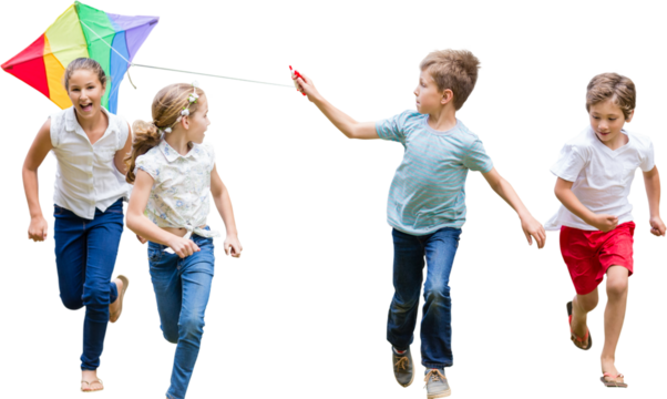 Full length of boy holding kite running with friends