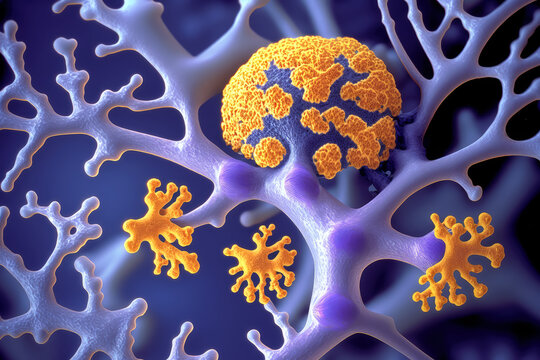 Alzheimer's and dementia disease: amyloid plaques forming between neurons. Illustration showing amyloid plaques in brain, distruction of neuronal networks. Generative AI.