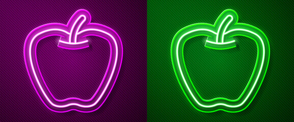 Glowing neon line Apple icon isolated on purple and green background. Excess weight. Healthy diet menu. Fitness diet apple. Vector