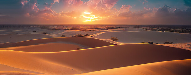 Panorama banner of Captivating Sahara Desert panorama at sunset, showcasing undulating sand dunes...