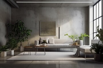 Modern living room with concrete stucco walls and some plants on the side made with Generative AI