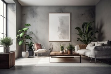 Modern living room with concrete stucco walls and some plants on the side made with Generative AI