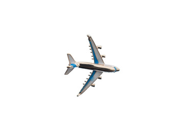 Silver and blue miniature airplane on a white background, isolated, clipping path