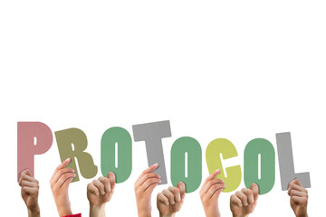 Colorful alphabet spelling protocol held up by people 