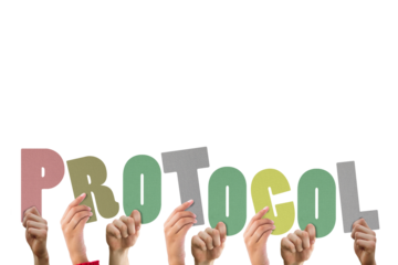 Colorful alphabet spelling protocol held up by people 