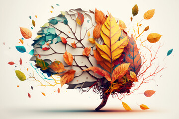 Symbol of memory loss due to dementia, alzheimer. Illustration of a human head with a brain made of withered falling autumn leaves. Brain degeneration concept. Decreased mind function. Generative ai.