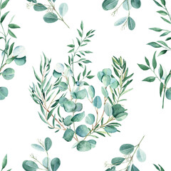 Seamless watercolor pattern with eucalyptus, pistachio and olive branches on white background. Can be used for wedding prints, gift wrapping paper, kitchen textile and fabric prints.