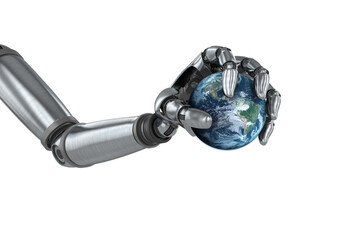 Chrome robot hand holding earth