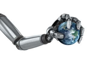 Chrome robot hand holding earth