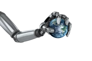Gordijnen Chrome robot hand holding earth © vectorfusionart