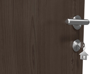Digitally generated image of brown door with house key