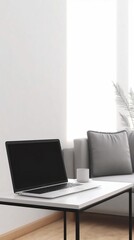 Fototapeta premium Laptop computer with empty blank mockup screen over white modern living room design. Home office, workplace, working or studying from home, distance learning, business concept. AI