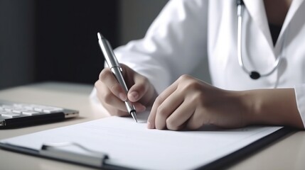 Close-up of doctor medical professional wearing uniform taking notes, physician, therapist or practitioner filling medical documents, writing prescription for patient. AI