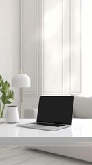 Laptop computer with empty blank mockup screen over white modern living room design. Home office, workplace, working or studying from home, distance learning, business concept. AI