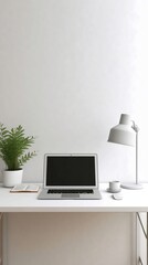 Fototapeta premium Laptop computer with empty blank mockup screen over white modern living room design. Home office, workplace, working or studying from home, distance learning, business concept. AI