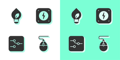Set Computer mouse, Light bulb with leaf, Switch in electronic circuit and Lightning bolt icon. Vector