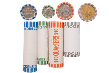 Side and top views of US coins in roll wrappers isolated on a white background