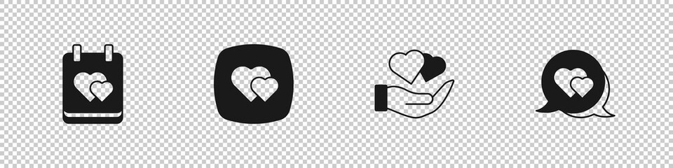 Set Calendar with heart, Heart, in hand and speech bubble icon. Vector