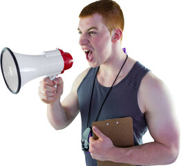 Angry personal trainer yelling through megaphone 