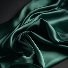 Fototapeta premium Dark green silk satin background. Beautiful soft folds on the smooth surface of the fabric. Luxury background with copy space for design. Wide banner. Top view. Flat lay. Generative AI
