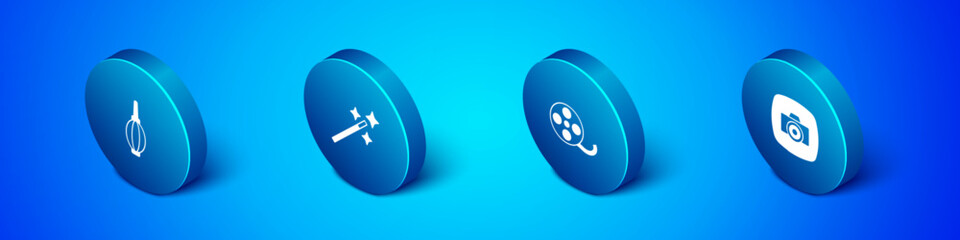 Set Isometric Dust blower, Film reel, Photo camera and retouching icon. Vector